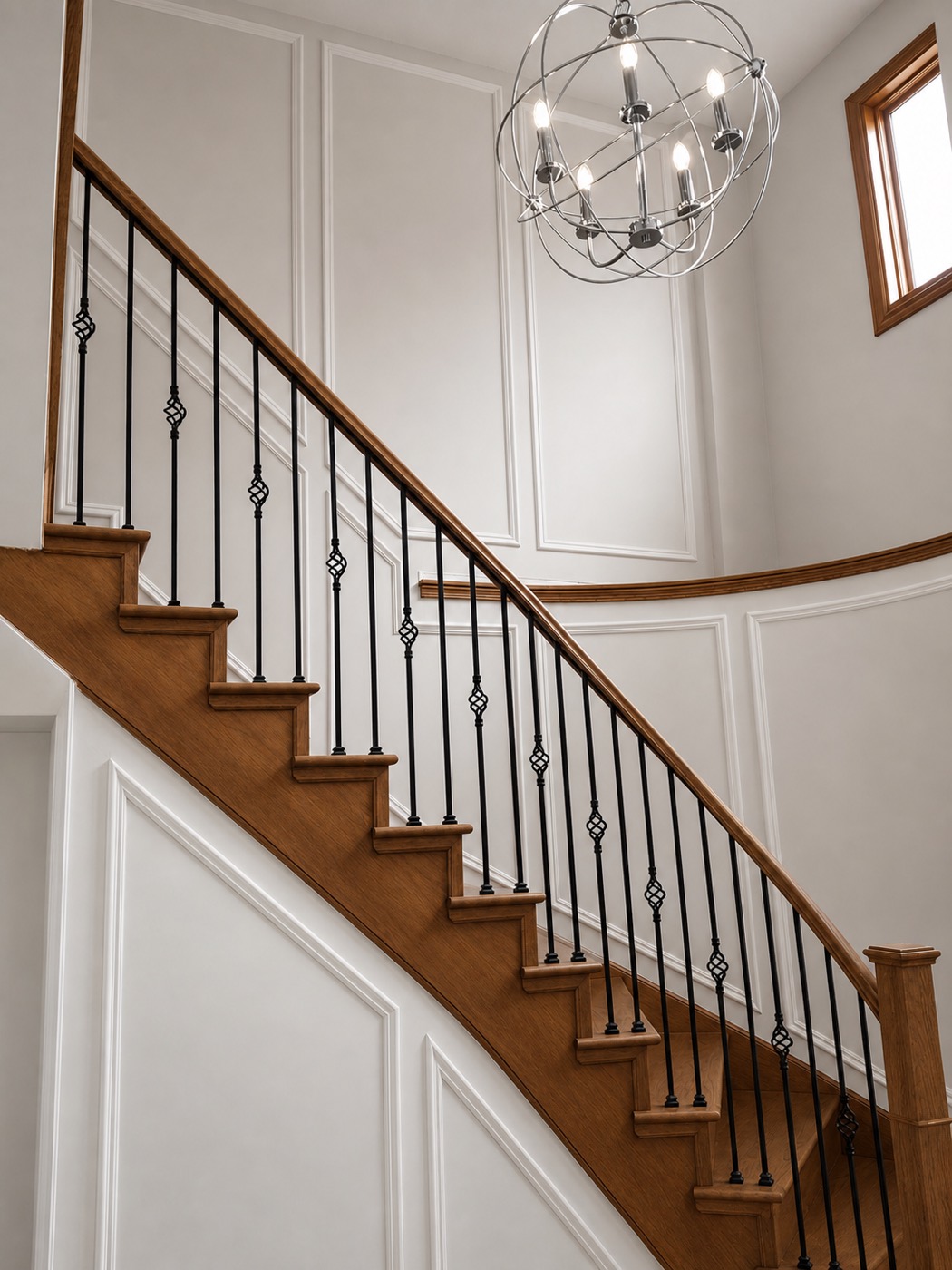Oak staircase with iron pickets beside a panelled wall