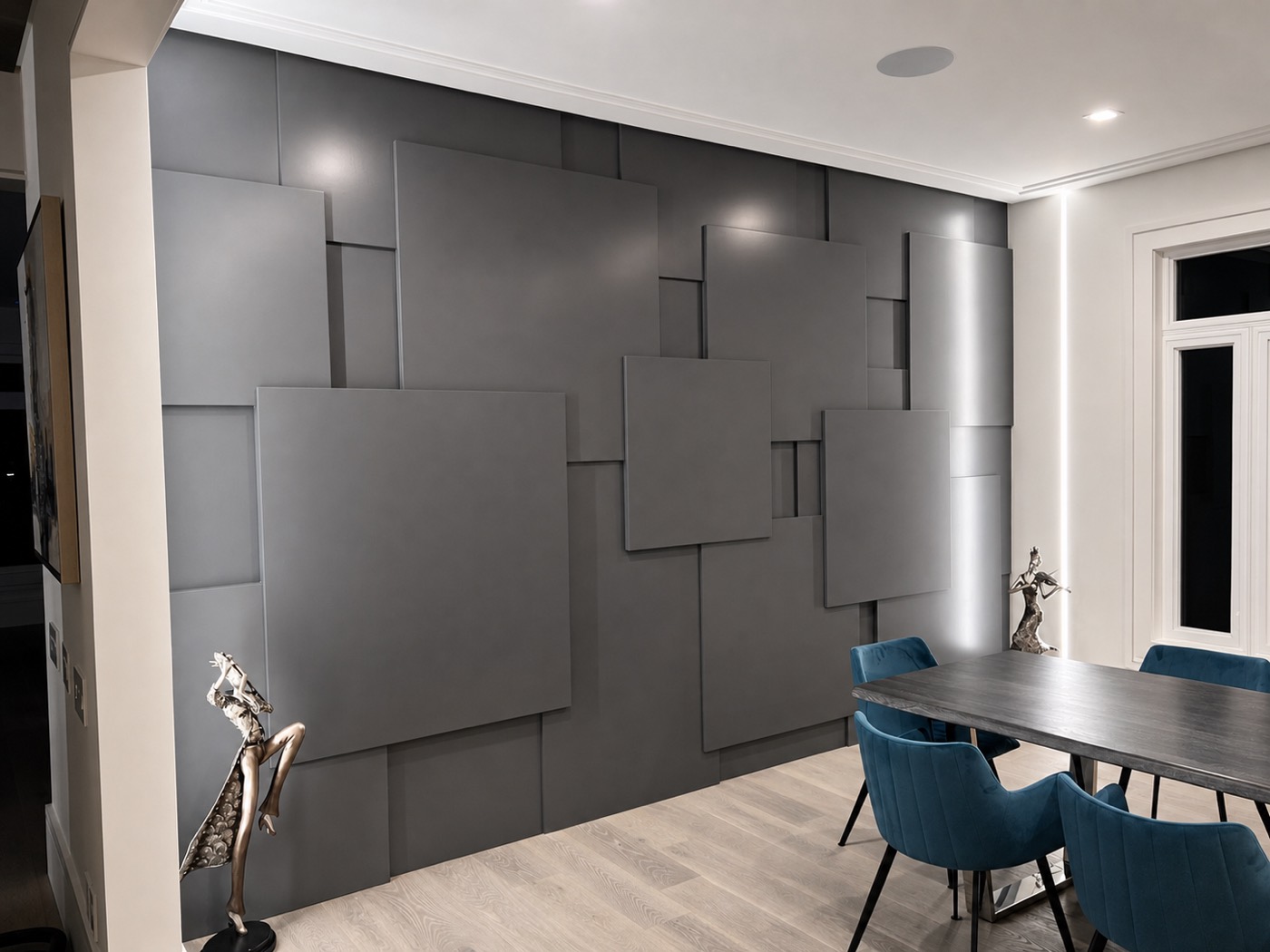 Charcoal layered geometric feature wall