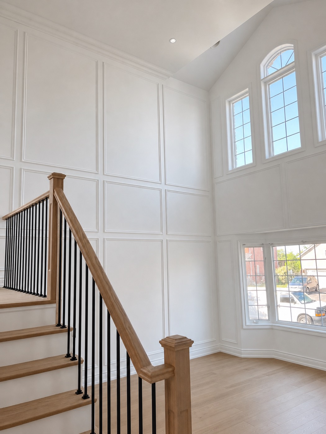 Tall foyer stairwell with panelled walls