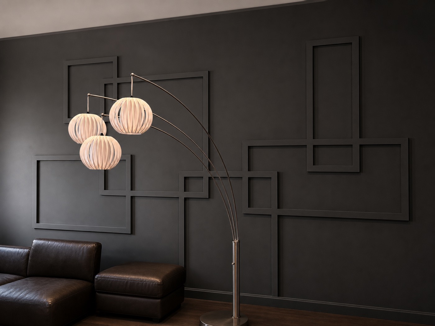 Charcoal geometric feature wall with floor lamp