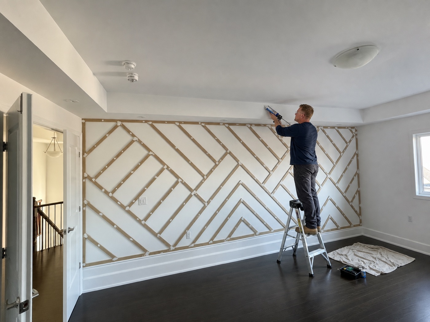 R2 WoodWork carpenter installing a geometric feature wall