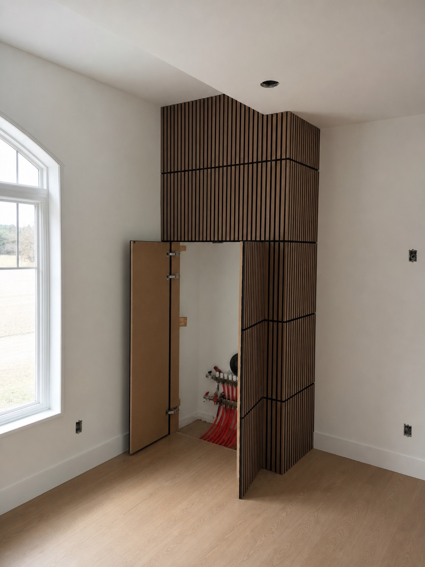 Wood-slat feature enclosure with a concealed access door