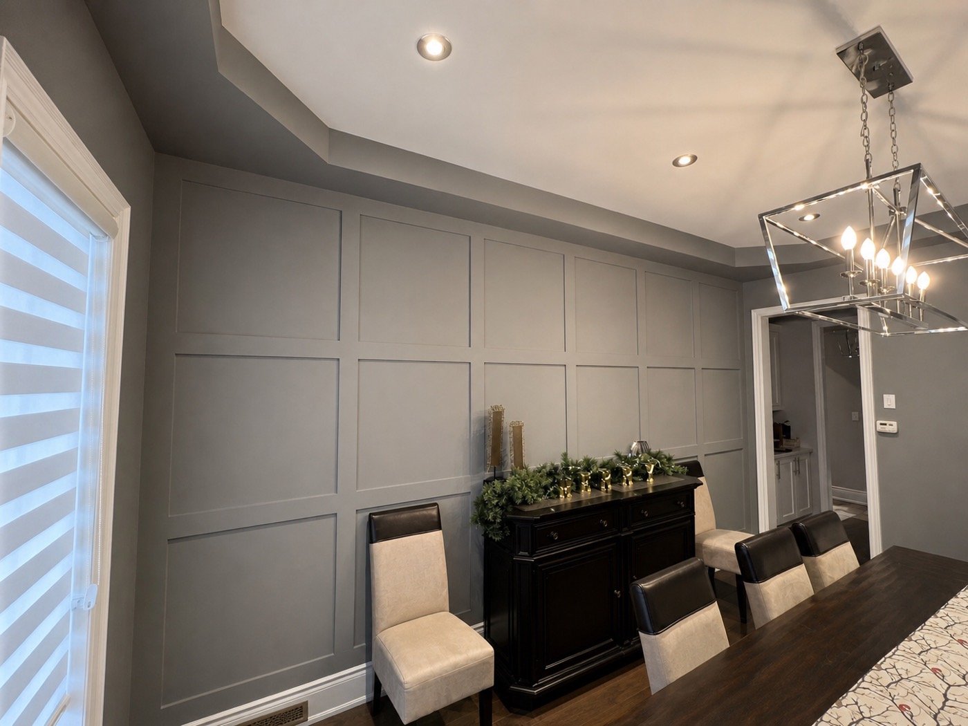 Coffered ceiling with recessed lighting
