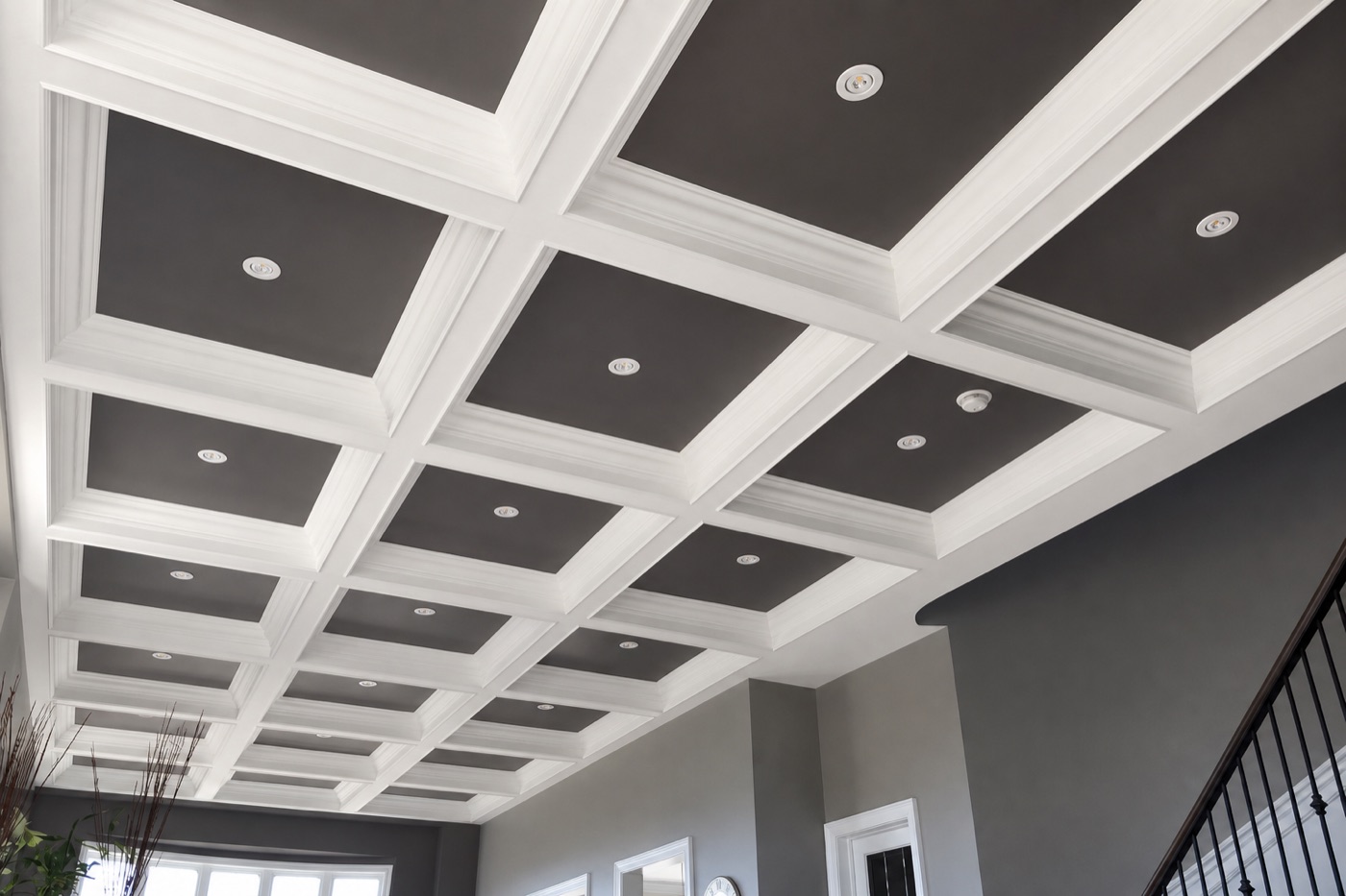 White coffered ceiling grid with recessed lights
